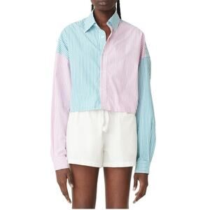 Blanca Thomas Striped Cropped Shirt Green Pink Colorblock Preppy SZ XS/S